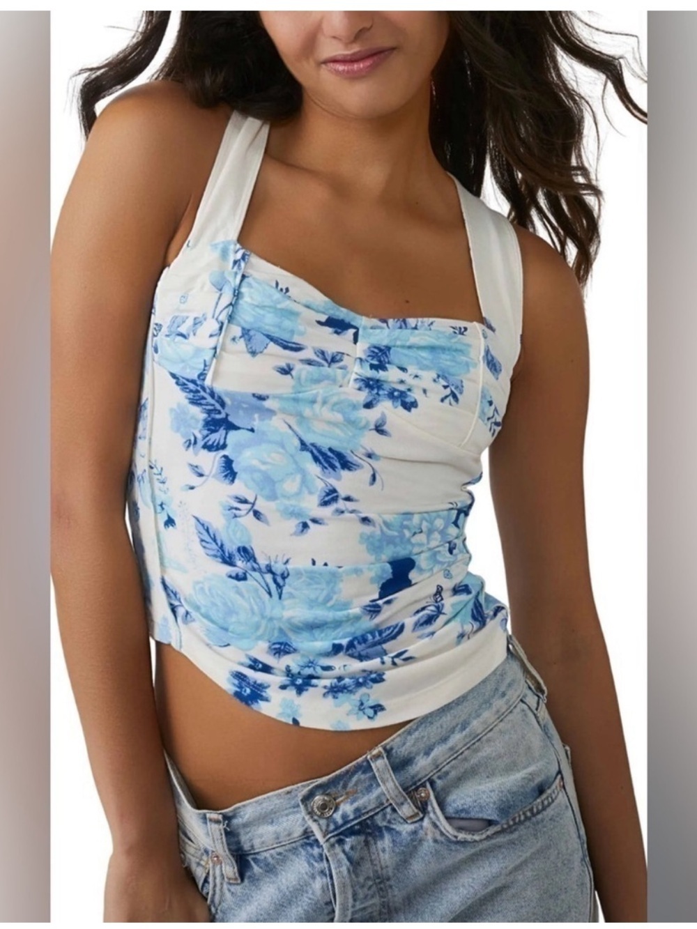 Free People White Floral Square-Neck Cami with Blue Print